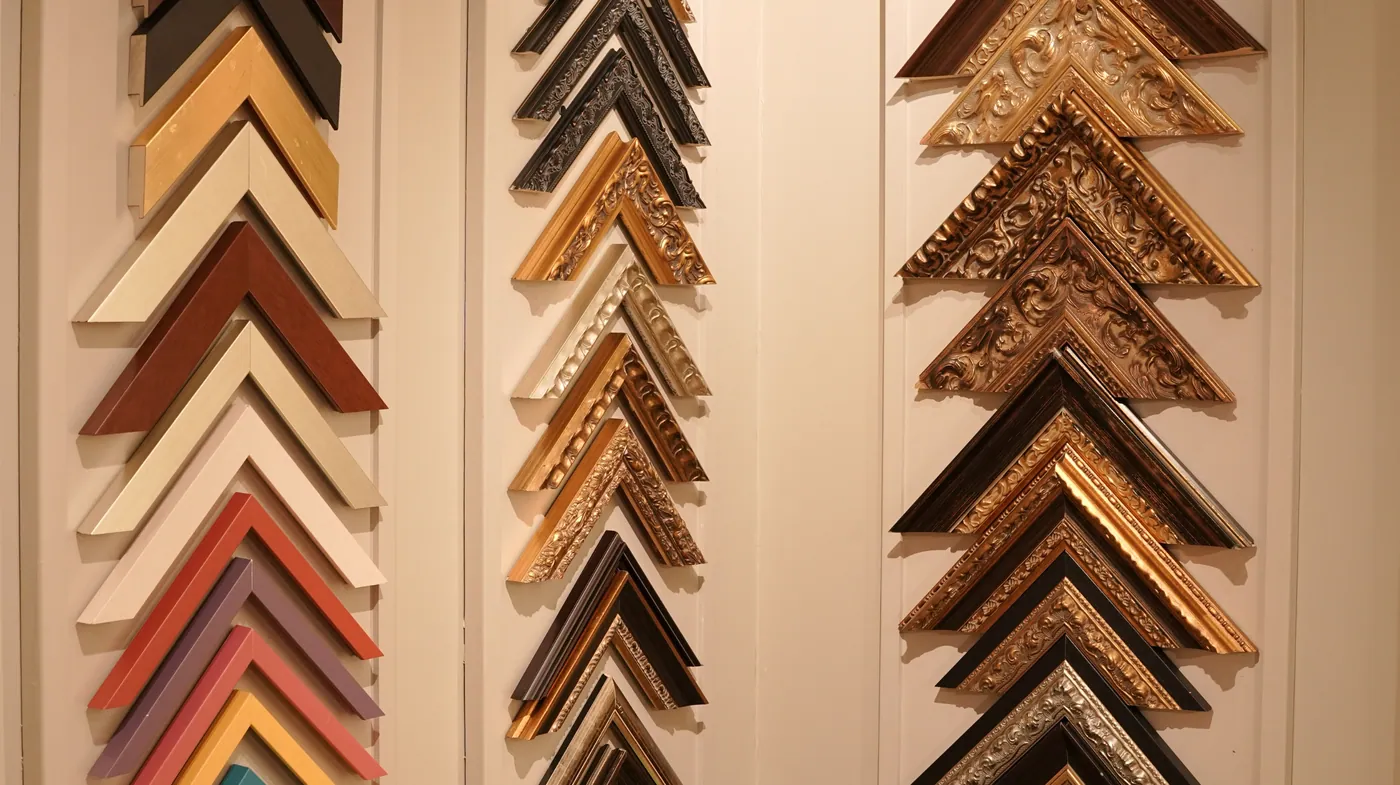 Frame moulding samples arranged by colour and finish