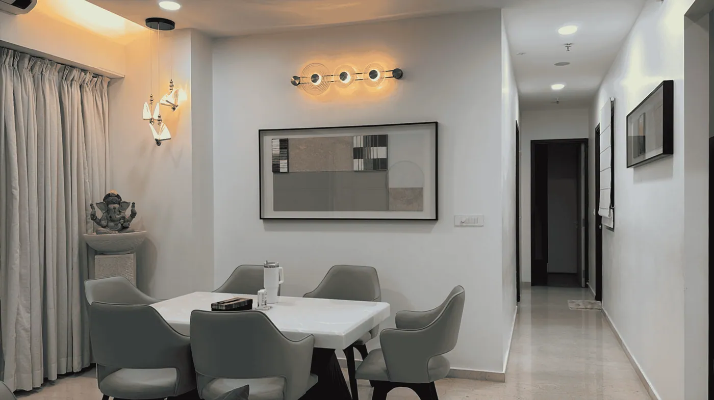 A framed composition on a dining room wall
